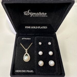 Gold Plated Pearl Necklace and 3 pc Earring Set by Signature by Piper and Taylor
